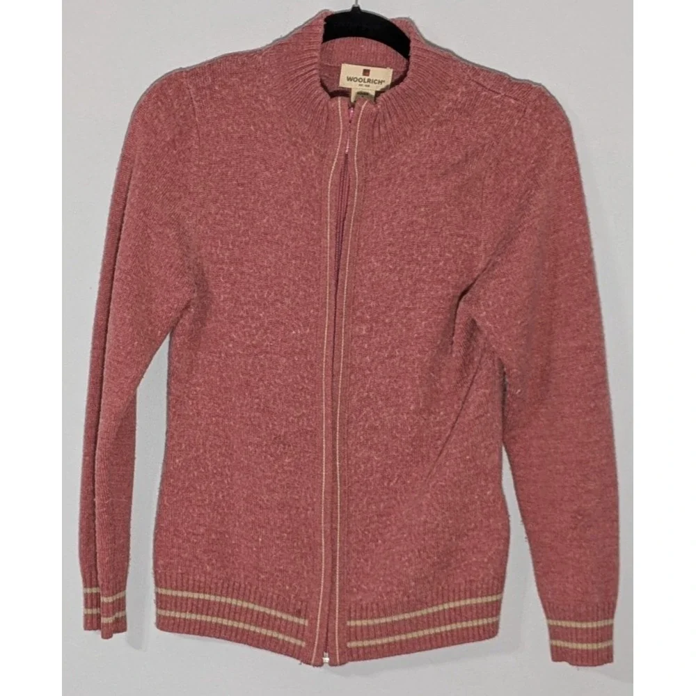 Woolrich Dahlia Pink Tweed Full Zip Cardigan Sweater Wool Blend Small Vintage